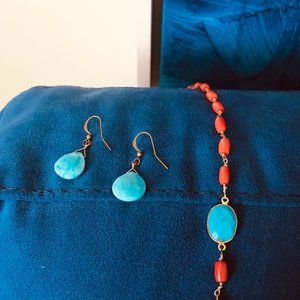 Red Coral and Turquois 18K Vermeill Necklace/Earr